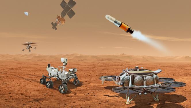 Cette illustration montre un concept de robots multiples qui feraient équipe pour transporter vers la Terre des échantillons de roche et de sol prélevés à la surface de Mars par le rover Mars Perseverance de la NASA.