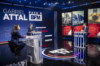 Le premier ministre, Gabriel Attal, sur le plateau de l’émission « Face à BFM », sur BFM-TV, le 18 avril 2024.