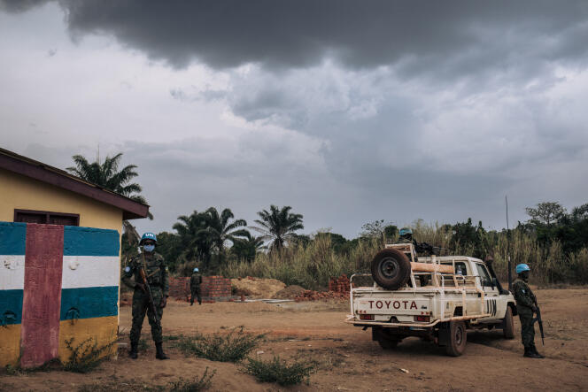 Des casques bleus rwandais de la Minusca, à Bangassou, en Centrafrique, en février 2021.