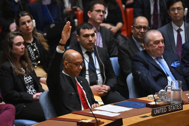 L'ambassadeur adjoint des États-Unis auprès de l'ONU, Robert Wood, vote contre une résolution autorisant la Palestine à devenir membre à part entière, à New York, le 18 avril 2024.