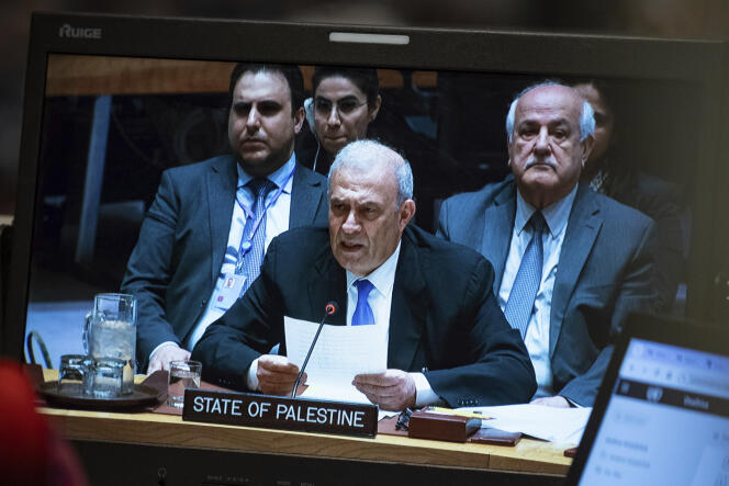 Le vice-Premier ministre palestinien Ziad Abu Amr lors d'une réunion du Conseil de sécurité au siège des Nations Unies le 18 avril 2024.