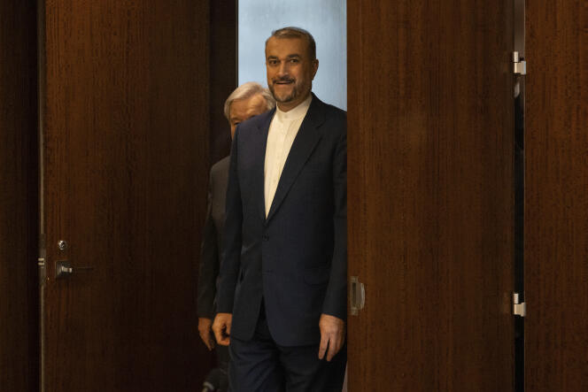 Le ministre iranien des Affaires étrangères Hossein Amir Abdollahian arrive pour une réunion avec le secrétaire général des Nations Unies, Antonio Guterres, au siège des Nations Unies, le jeudi 18 avril 2024. 