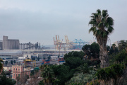 View of Barcelona harbor from Montjuic Park, in February 2024. 