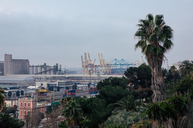 Vue du port de Barcelone depuis le parc de Montjuic, en février 2024. Tous les jours, au moins un ferry ou bateau de croisière y est amarré. Les mesures de lutte contre la sécheresse leur interdisent à présent de remplir leurs cuves d’eau, sauf cas exceptionnel. 
