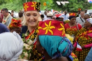 Marine Le Pen in a salouva, Mayotte's traditional outfit, during her visit to the island, on April 21, 2024.