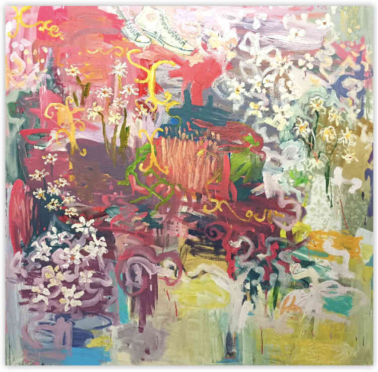 « Paysage », de Gopal Dagnogo (acrylique et pastel sur toile, 150 cm x 150 cm, 2024).