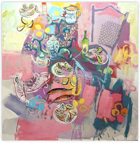 « Dîner aux huîtres », de Gopal Dagnogo (acrylique et pastel sur toile, 150 cm x 150 cm, 2024).