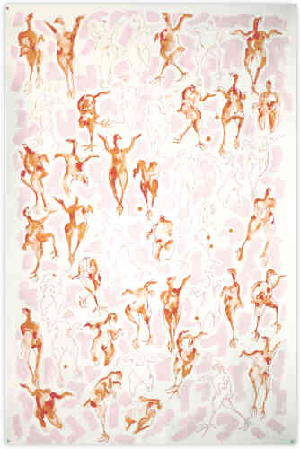 « Ronde érotique n° 1 », de Gopal Dagnogo (technique mixte, dessin, peinture sur papier, 200 cm x 130 cm, 2024).