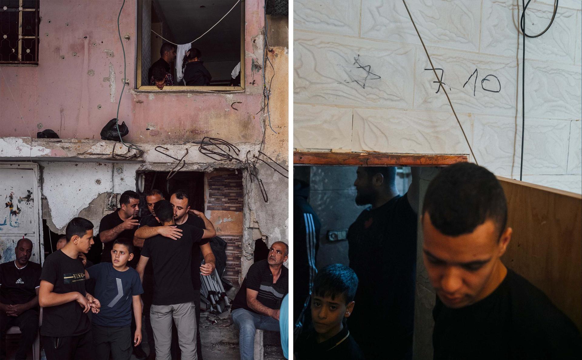 Nur Shams (West Bank), April 21, 2024. Left: Residents gather at the camp mosque. Right: A Star of David and the date October 7, left by the Israeli military in a house.