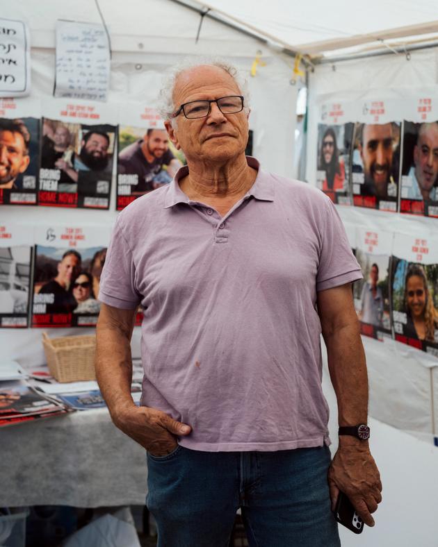 Ilan Greilsammer, supporting the families of Hamas hostages, in Jerusalem, April 19, 2024.