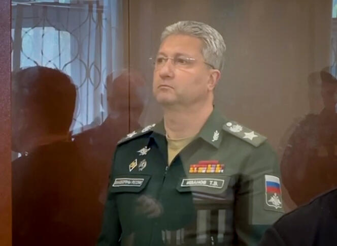 This grab from a handout footage taken and released by Moscow City Court press service on April 24, 2024 shows Timur Ivanov, Russian deputy Defense Minister, standing in a glass cage at the Basmanny District Court in Moscow.  