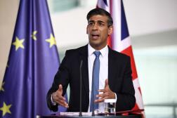 Britain's Prime Minister Rishi Sunak addresses a joint press conference with the German chancellor at the Chancellery in Berlin on April 24, 2024. 