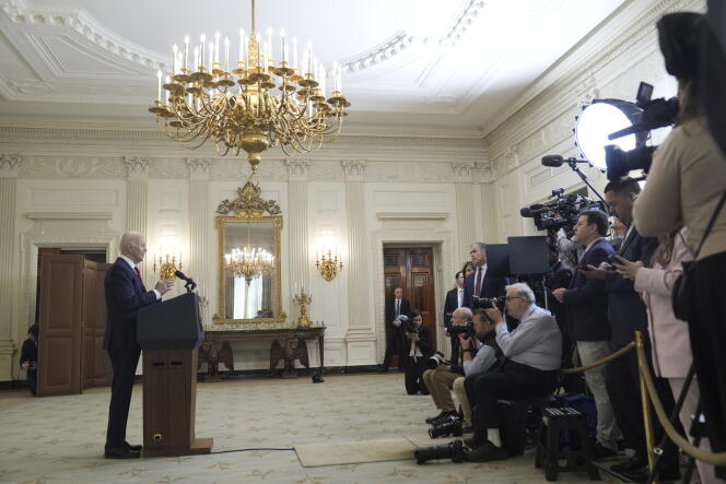 Le président américain Joe Biden après avoir promulgué le plan de secours international américain comprenant 13 milliards de dollars d'aide à Israël, le mercredi 24 avril 2024, à Washington, DC. 