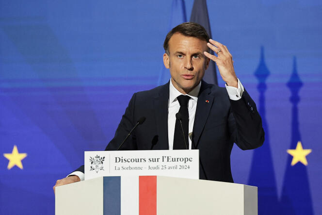 President Emmanuel Macron during a speech on Europe at the Sorbonne University amphitheater in Paris on April 25, 2024. 