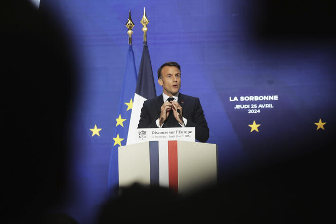Emmanuel Macron lors d’un discours sur l’Europe, délivré le 25 avril 2024, à la Sorbonne.