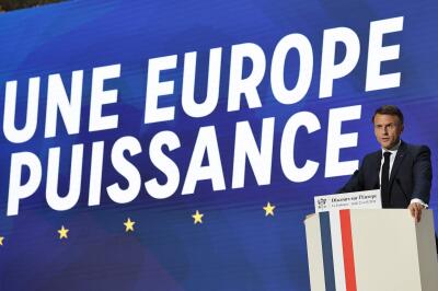 Le président français, Emmanuel Macron, prononce un discours sur l’Europe à l’université de la Sorbonne à Paris, le 25 avril 2024.