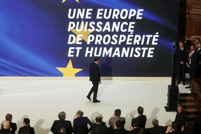 Emmanuel Macron lors de son discours sur l’Europe à la Sorbonne à Paris, le 25 avril 2024. 