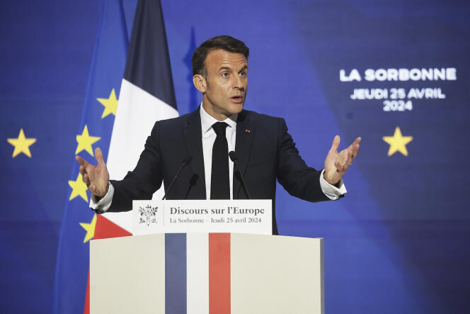 Le président de la République, Emmanuel Macron, lors de son discours à la Sorbonne, le 25 avril 2024.