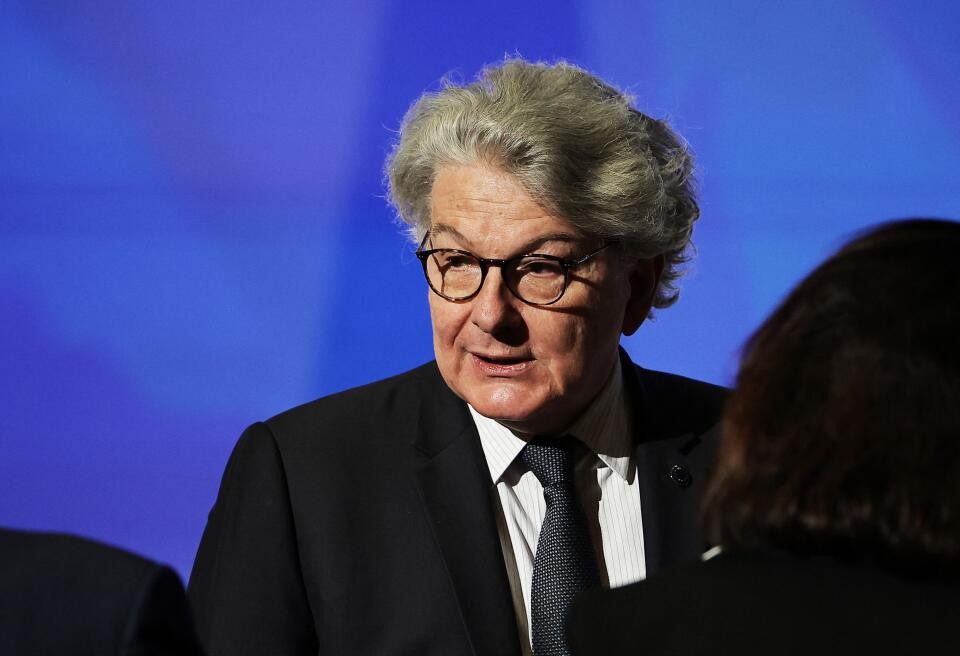 European Commissioner for Internal Market Thierry Breton arrives prior to a speech on Europe by French President in an amphitheatre of the Sorbonne University in Paris, on April 25, 2024. French President gave a speech setting out his European policy directions ahead of the European elections on 09 June. The French president spoke of Europe being "encircled" by the great regional powers, and of European "liberal democratic" values being "increasingly criticized" and "challenged". (Photo by Christophe PETIT TESSON / POOL / AFP)