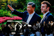 Photo de Xi Jinping et Emmanuel Macron, au Salon international de l’automobile de Pékin, le 25 avril 2024.