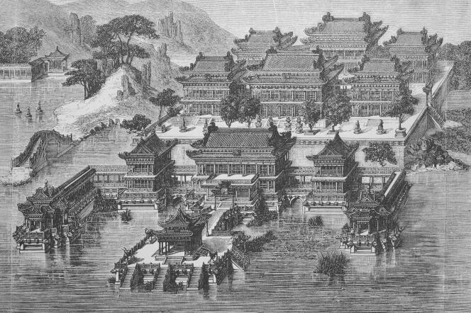 Gravure historique, réalisée en 1865, représentant le Palais d’été, à Pékin.