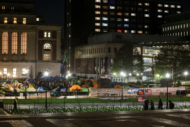 A pro-Palestinian student encampment at Columbia University in New York on April 25, 2024.