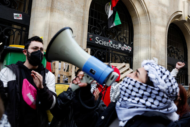 A demonstration in front of Sciences Po in support of Palestine, in Paris, on April 26, 2024. 