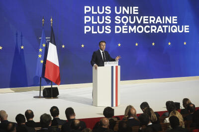 Emmanuel Macron, lors de son discours sur l’Europe dans l’amphithéâtre de l’université de la Sorbonne, le 25 avril 2024, à Paris.