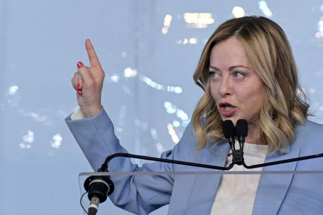 Italian Council President Giorgia Meloni delivers a speech at the campaign meeting of the far-right Fratelli d'Italia party ahead of the European elections, in Pescara, April 28, 2024.