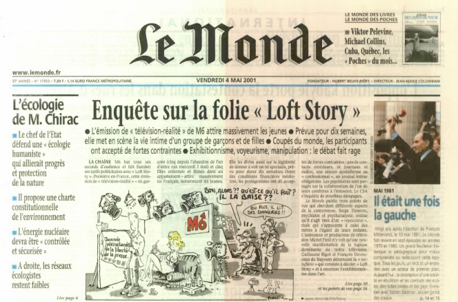 La une du « Monde » daté du 4 mai 2001, sur la « folie “Loft Story” ».