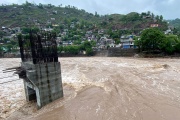 A general view of an overflowing Jhelum River after heavy rainfall in Muzaffarabad in Pakistan-administered Kashmir on April 29, 2024.