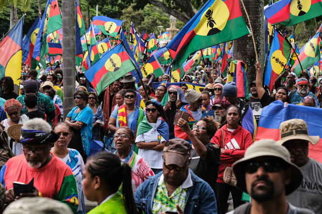 2024 年 4 月 13 日，努美阿，社会主义卡纳克民族解放阵线在反对新喀里多尼亚下一届省级选举扩大选民规模的示威活动中悬挂旗帜。