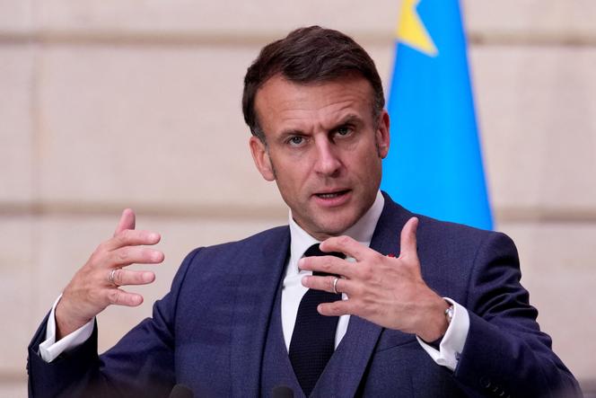 French President Emmanuel Macron speaks during a press conference with Congo's President Felix Tshisekedi at the Elysee Palace in Paris, France, April 30, 2024.  