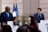 Emmanuel Macron lors d’une conférence de presse avec son homologue congolais, Félix Tshisekedi, en visite à Paris, mardi 30 avril 2024. 