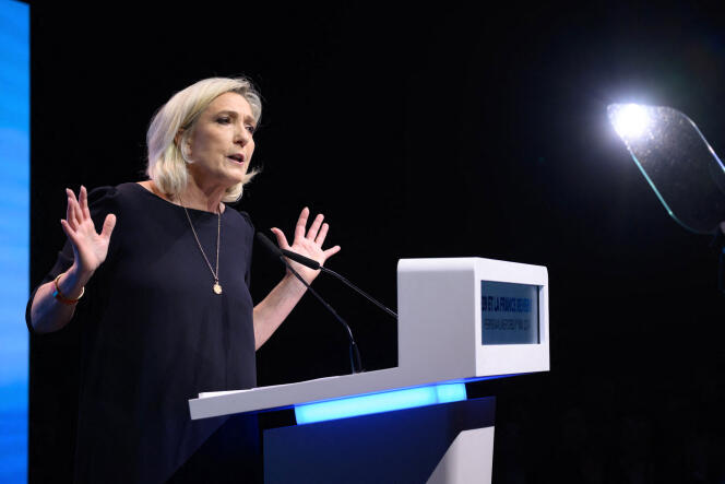 President of the French far-right Rassemblement National parliamentary group Marine Le Pen delivers a speech during a campaign rally for the forthcoming European Union parliamentary elections, in Perpignan, southern France, on May 1, 2024.