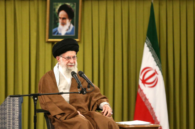 Iranian Supreme Leader Ayatollah Ali Khamenei during a meeting with teachers in Tehran on May 1, 2024.