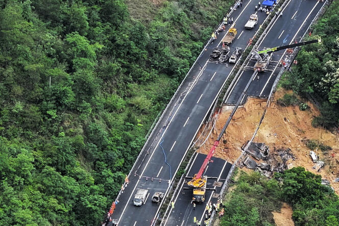 Aerial view of the section of highway washed away by a landslide linked to heavy rains, near Meizhou, southeast China's Guangdong Province, May 1, 2024. 