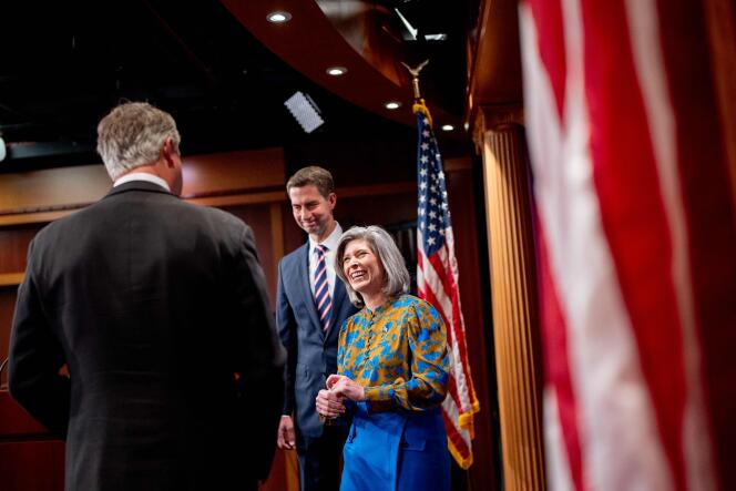 (L-R) Sen. Roger Marshall (R-KS), Sen. Tom Cotton (R-AR), and Sen. Joni Ernst (R-IA) leave a news conference on Capitol Hill on May 1, 2024 in Washington, DC.