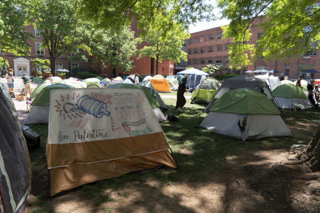 Un campement sur le campus GWU, lors de la mobilisation pro-Gaza des étudiants, à Washington, le 1ᵉʳ mai 2024.