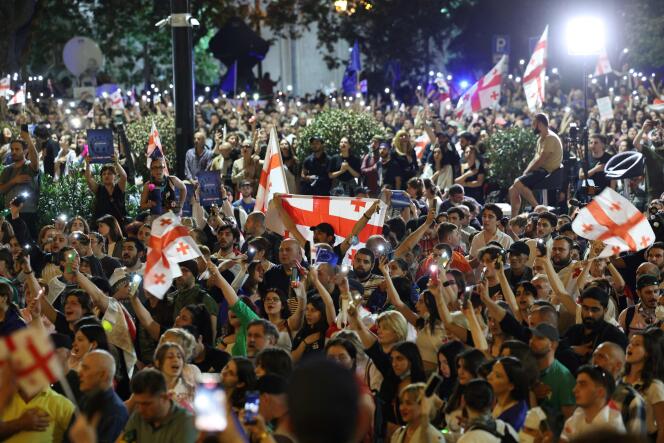 Protesters gather in front of Parliament in Tbilisi, Georgia, May 1, 2024.