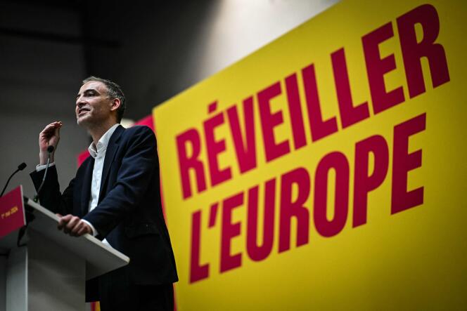Le candidat du Parti socialiste (PS) et de sa formation Place publique aux élections européennes, Raphaël Glucksmann, mercredi 1ᵉʳ mai, à Villeurbanne. 