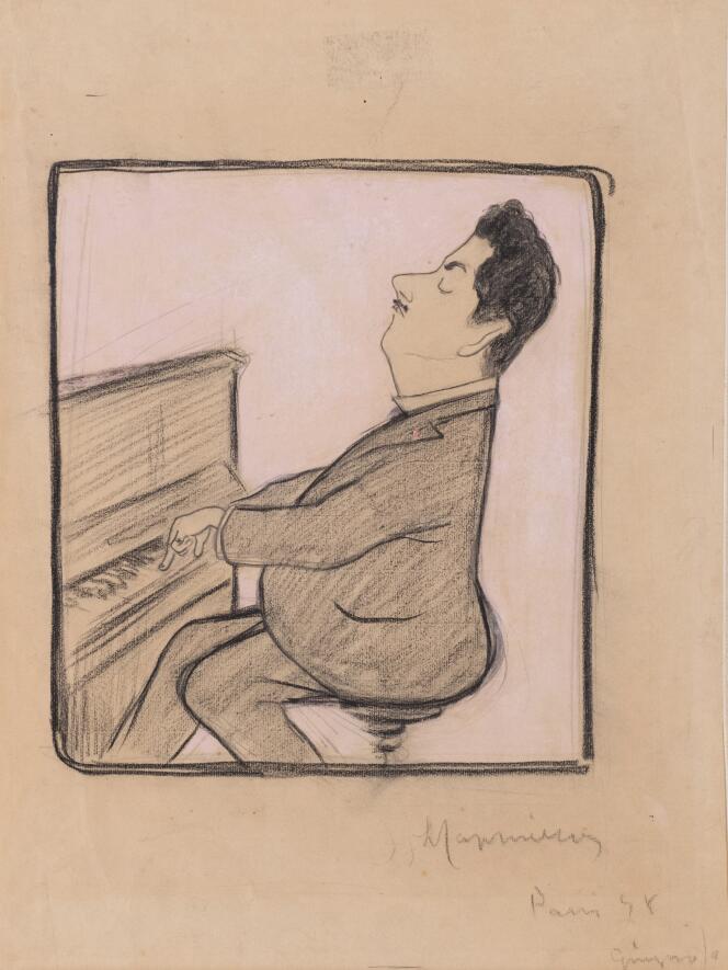 « Puccini au piano » (1898), de Leonetto Cappiello. Publié dans « Le Rire », n° 191, le 2 juillet 1898. Mine de plomb, pastel et fusain sur papier, 53,3 cm x 40 cm.