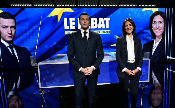 Le président du Rassemblement national (RN), Jordan Bardella, et l’eurodéputée (Renew) Valérie Hayer, dans les studios de BFM-TV, le 2 mai 2024.