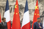 French President Emmanuel Macron and Chinese President Xi Jinping at a press conference at the Great Hall of the People in Beijing, April 6, 2023.