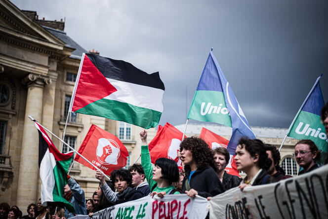 2024 年 5 月 3 日，巴黎，示威者挥舞着巴勒斯坦、学生会和隶属于永久革命组织的青年政治团体“举起拳头”的旗帜。