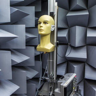 An electronic dummy head used for testing sound perception sits in an anechoic chamber at the Noveto Systems Ltd. office in Petach Tikva, Israel, on Tuesday, Feb. 14, 2017. The system, which uses 3D sensors and proprietary software, tracks the user's position and pinpoints an individual to dynamically focus audio beams to follow the user's ears. Photographer: Rina Castelnuovo/Bloomberg via Getty Images