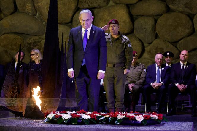 Le premier ministre israélien, Benyamin Nétanyahou, lors d’une cérémonie de commémoration lors du Jour de la Shoah, au mémorial de Yad Vashem, à Jérusalem, le 6 mai 2024.