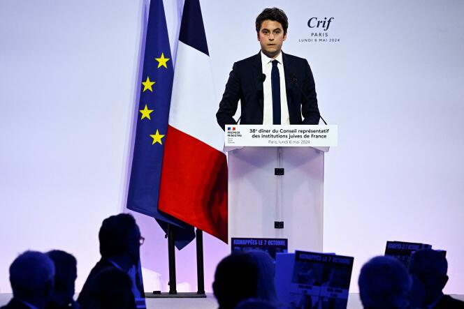 Le premier ministre, Gabriel Attal, au dîner du Conseil représentatif des institutions juives de France (CRIF), à Paris, le 6 mai 2024.