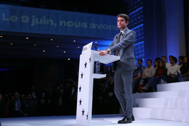 Le premier ministre, Gabriel Attal, prononce un discours lors d’un meeting du camp présidentiel pour les prochaines élections européennes à la Maison de la Mutualité à Paris, le 7 mai 2024.