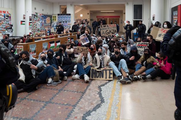The police evacuated a pro-Gaza sit-in in the Sciences Po entrance hall on May 3, 2024.